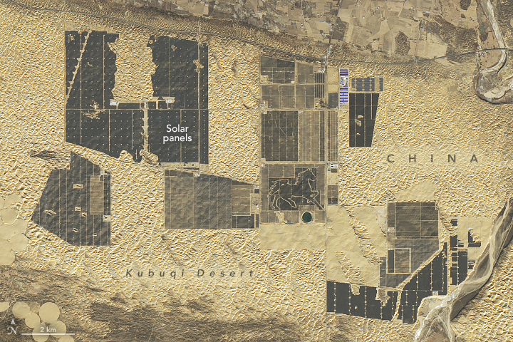 Satellite image of large solar fields in the Chinese desert