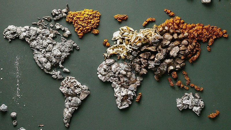 A picture of a map of the world made of mineral pebbles
