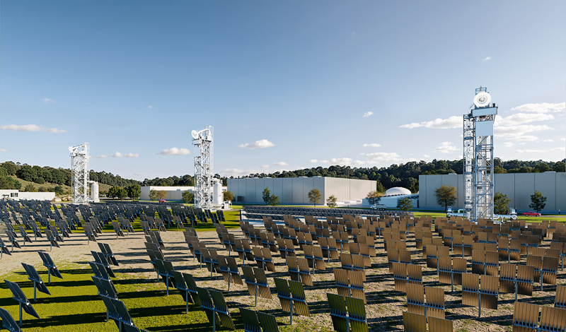 A computer rendering of modular CSP plants adjacent to a data center