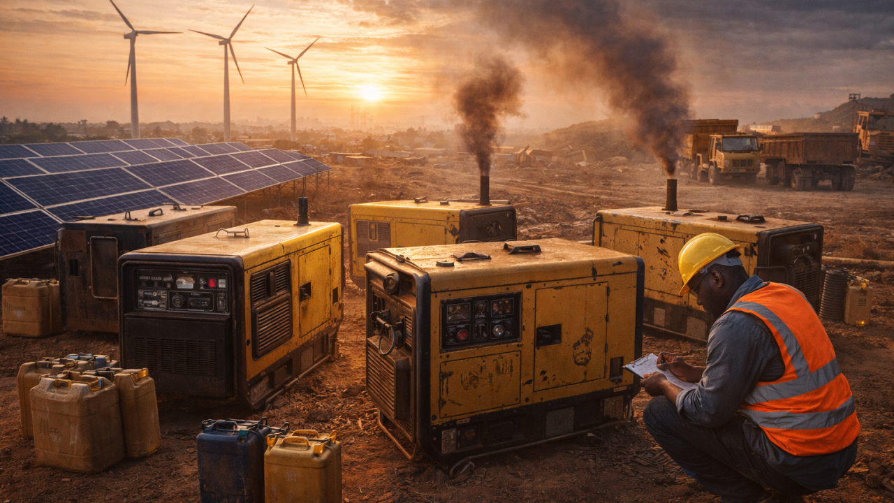 A worker kneeling in front of diesel generators with solar panels and wind turbines in the background