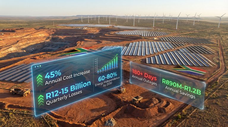 A mine site with solar panels and wind turbines, overlaid with financial charts