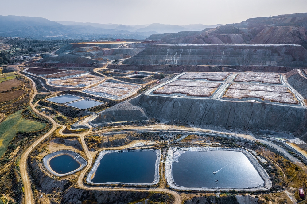 Overhead view of a minesite showing heap leaching