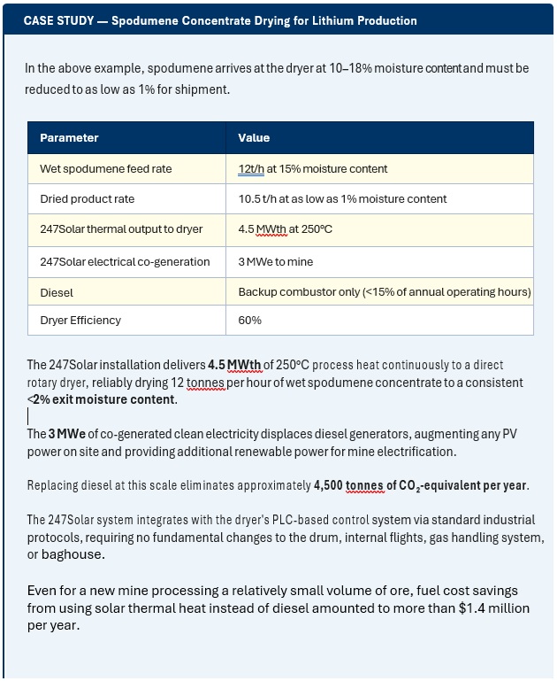 Table showing results for a case study in ore drying using solar heat