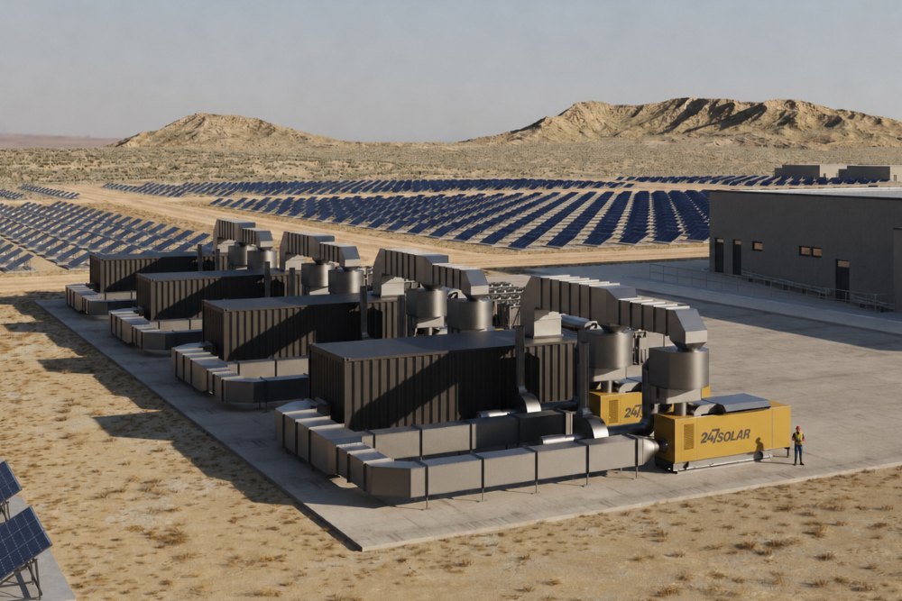 An array of247Solar Industrial Thermal Batteries outside and industrial building surrounded by solar panels