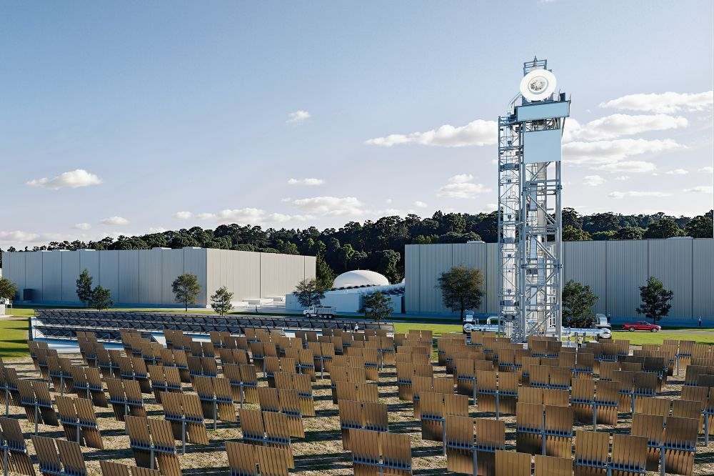 Computer rendering of a single 247Solar Plant in front of a data center