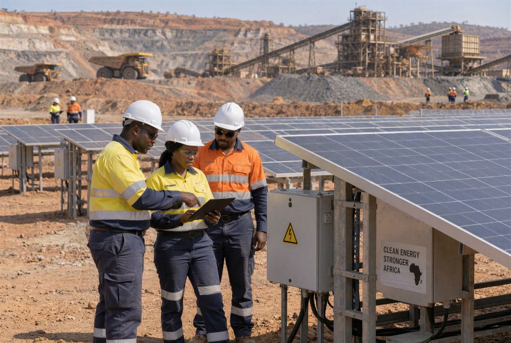 Three African workers inspecting solar apnels with a mine site in the background